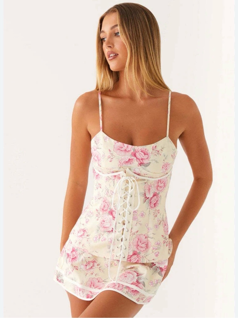 Floral Lace-Up Satin Chemise - Pink Floral
